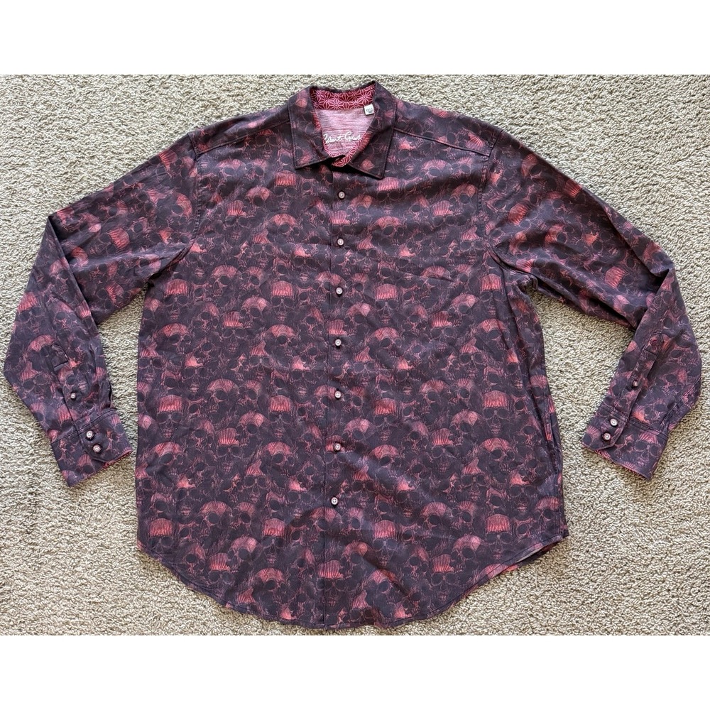 Robert Graham Shirt Mens 1XLT Black Red All Over Skull Print Flip Cuff Gothic